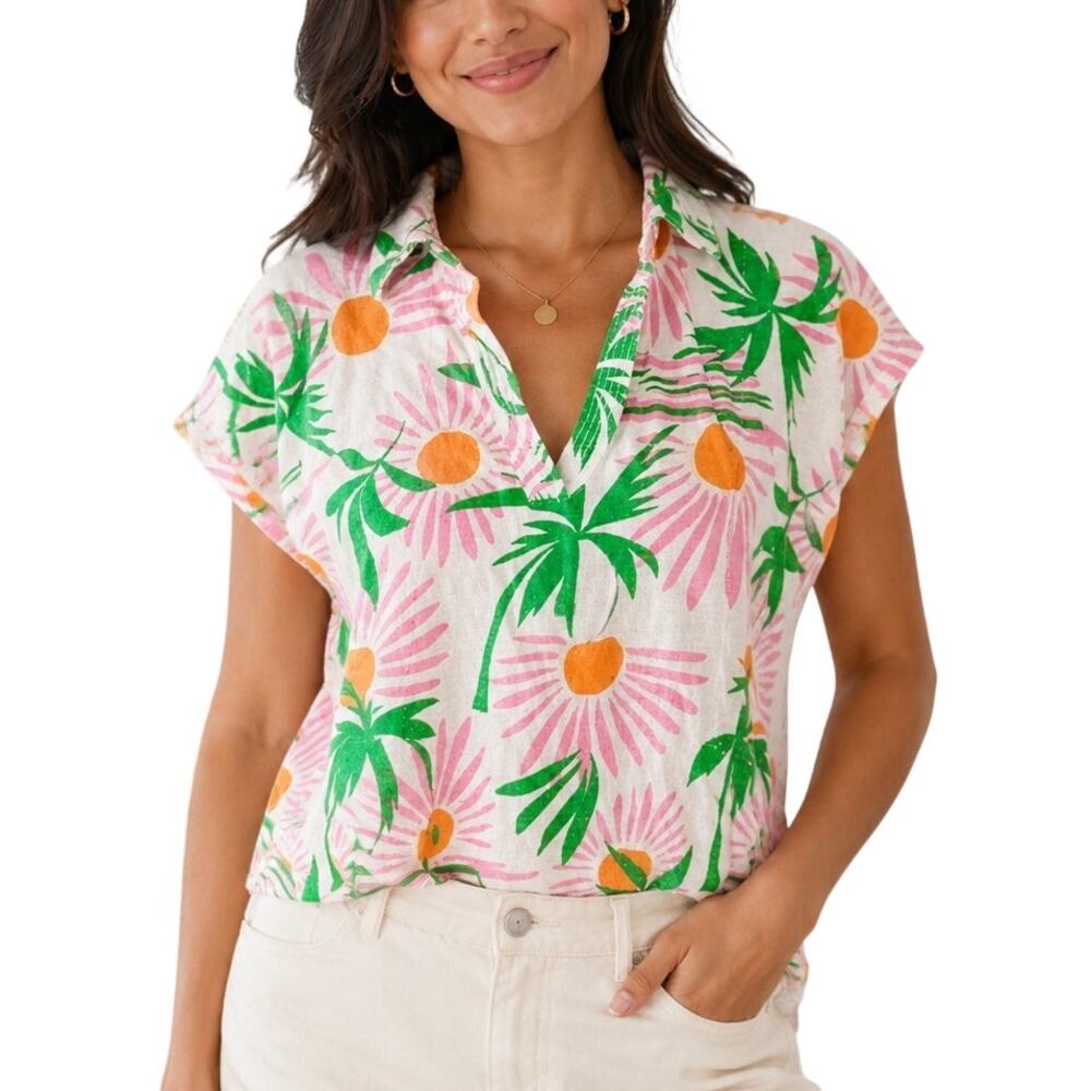 C&C California 100% Linen Palm Tree Blouse Medium Relaxed Boxy